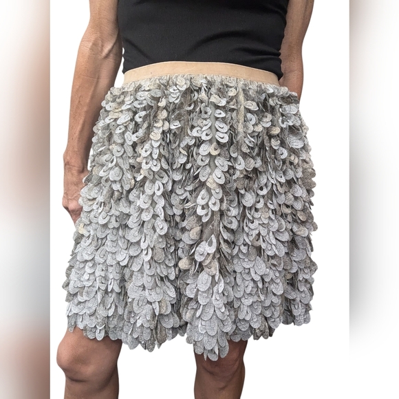 Geisha Designs Silver Sequin Feathered Mini Skirt Party Cocktail Holiday S - Picture 3 of 9